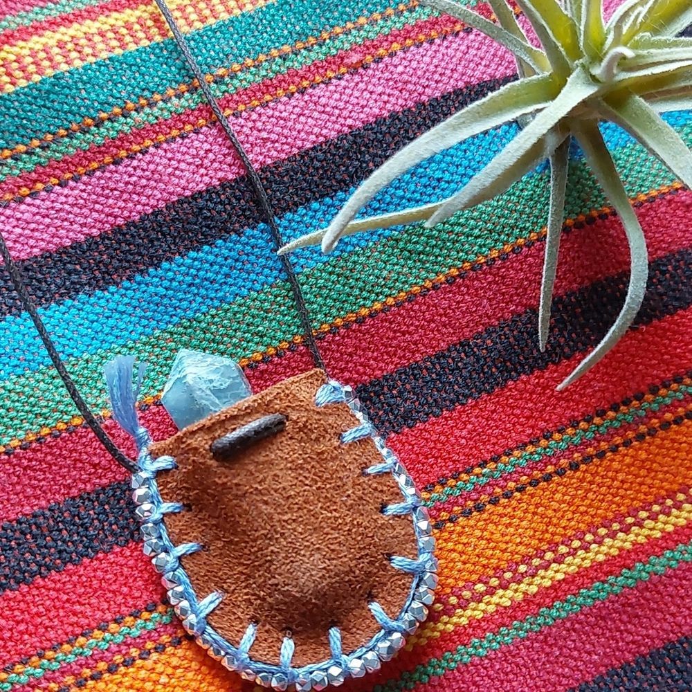 Leather Mini Mojo Bag Necklace by Rust Belt Raised Moss Agate Necklace - Picture 14 of 16
